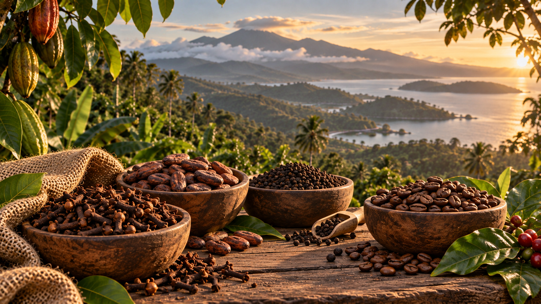 Illustration of Indonesian products and a tropical landscape